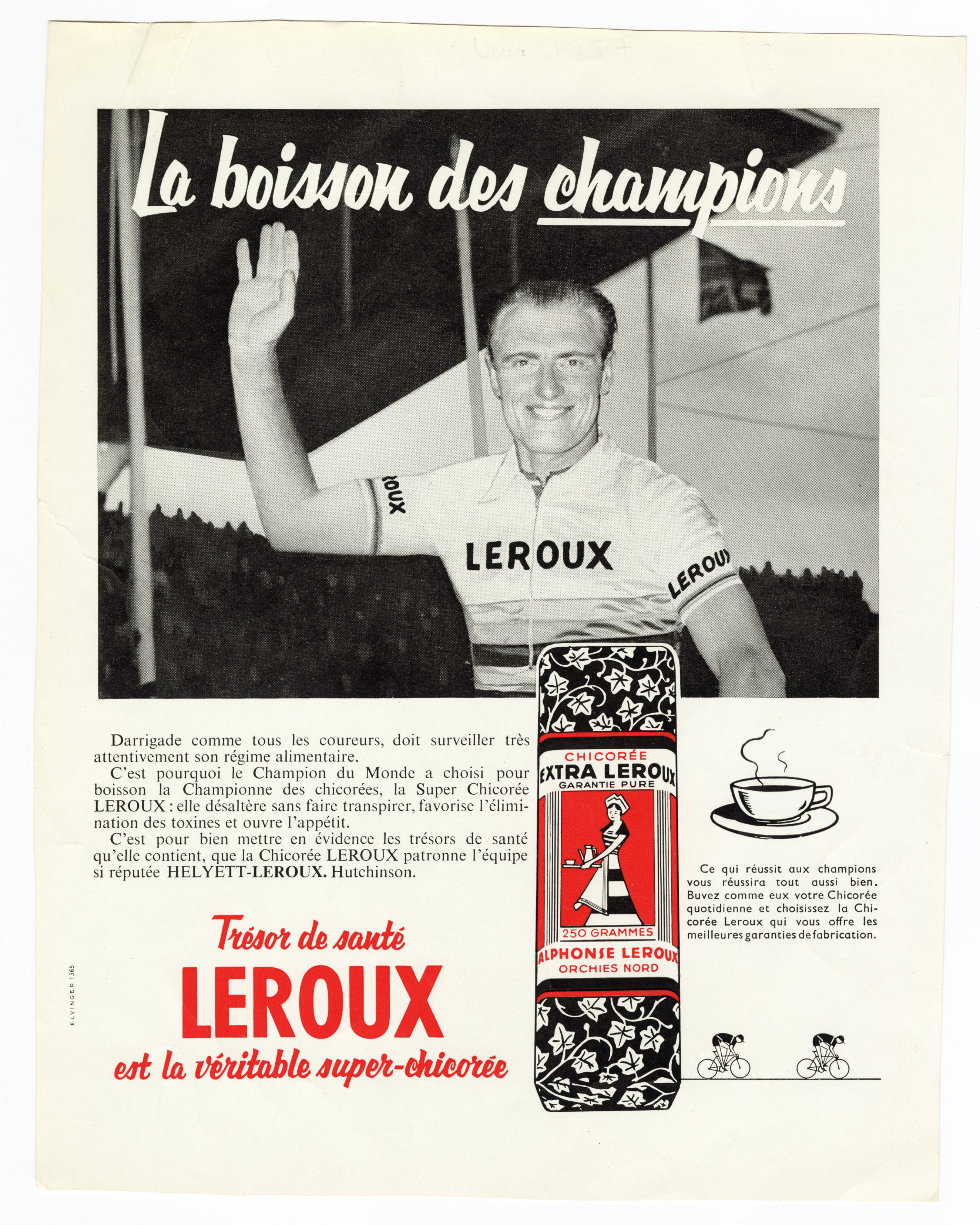 Affiche publicitaire Leroux montrant le coureur cycliste Darrigade