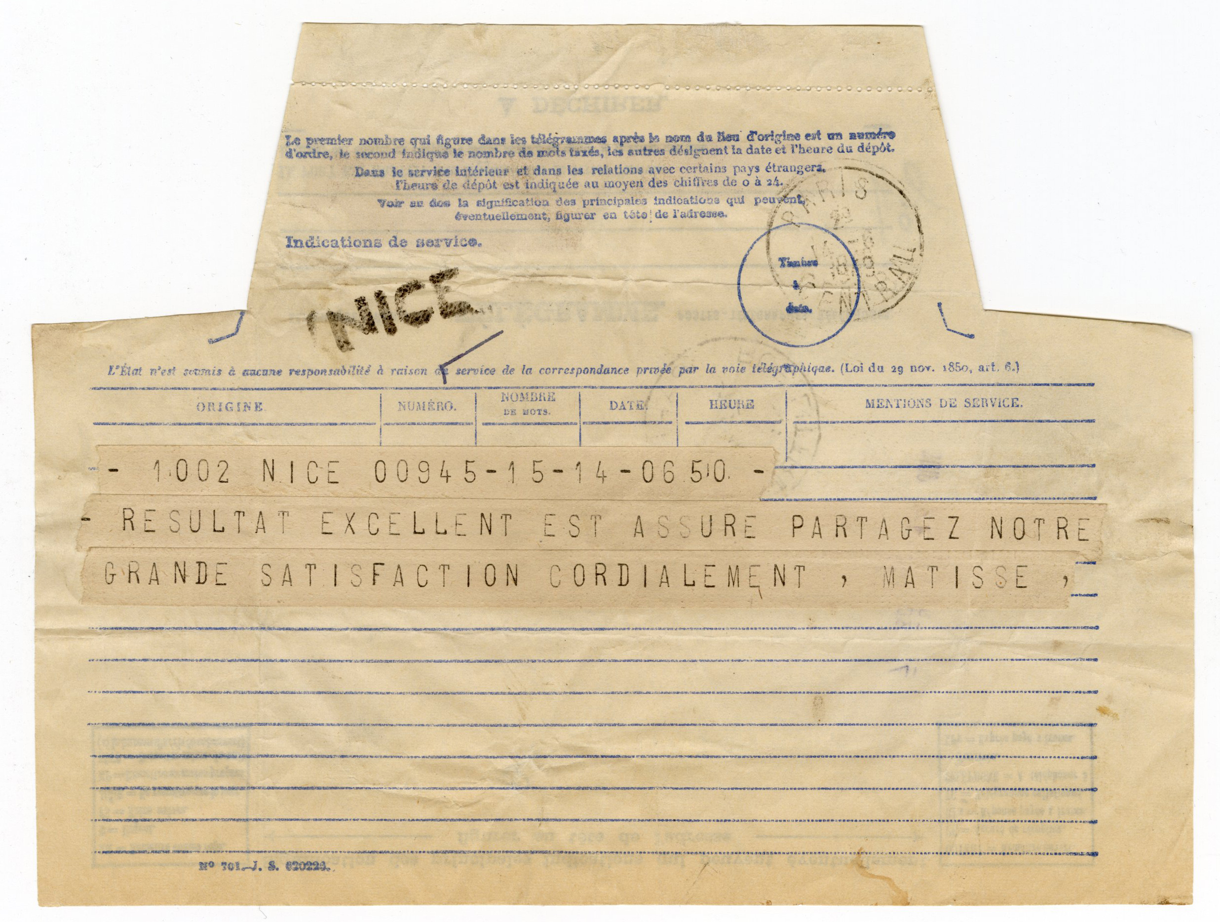 "RESULTAT EXCELLENT EST ASSURE PARTAGEZ NOTRE GRANDE SATISFACTION CORDIALEMENT, MATISSE"