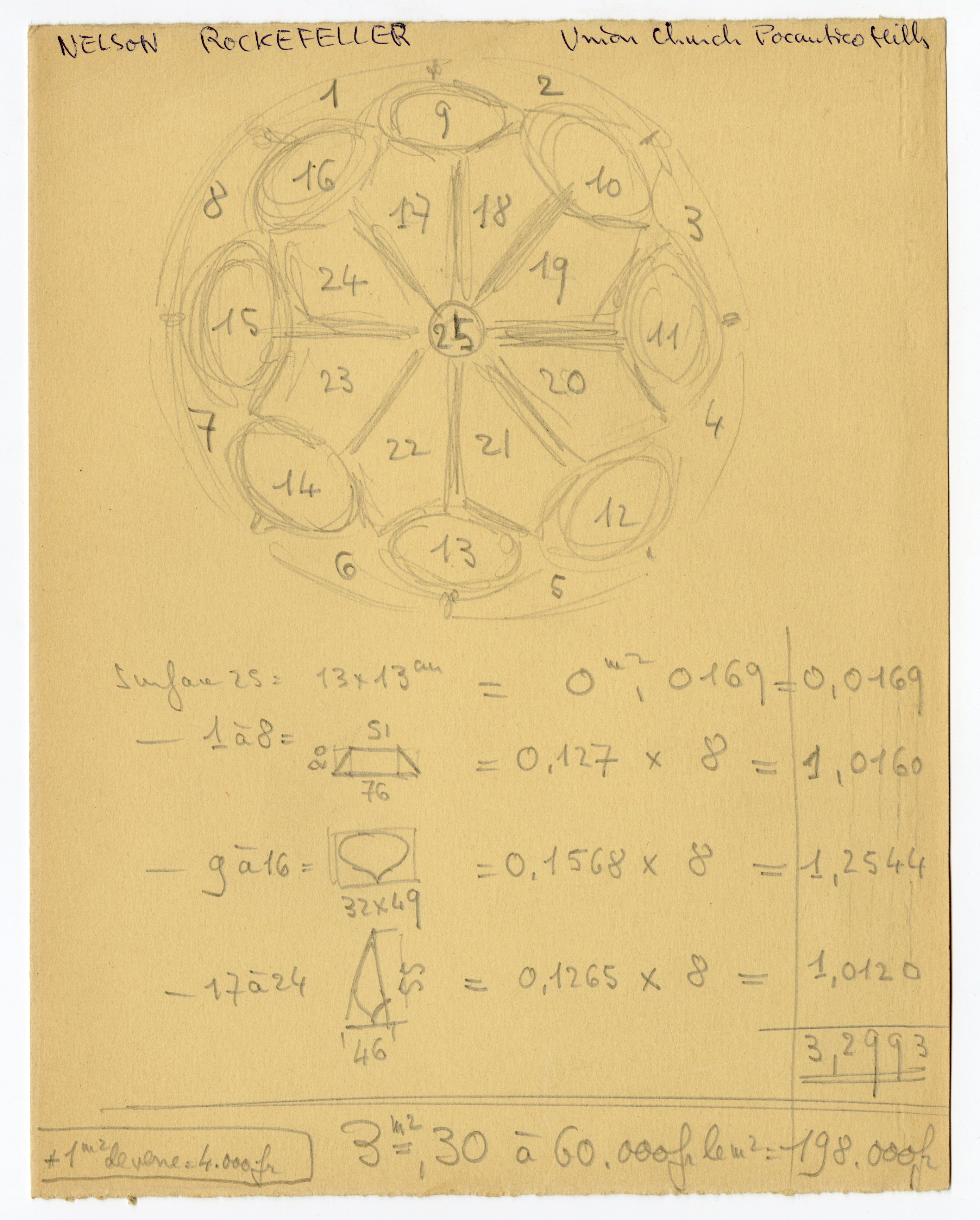 Réalisation du vitrail "la rosace" : croquis de travail de Paul Bony, 1954.
