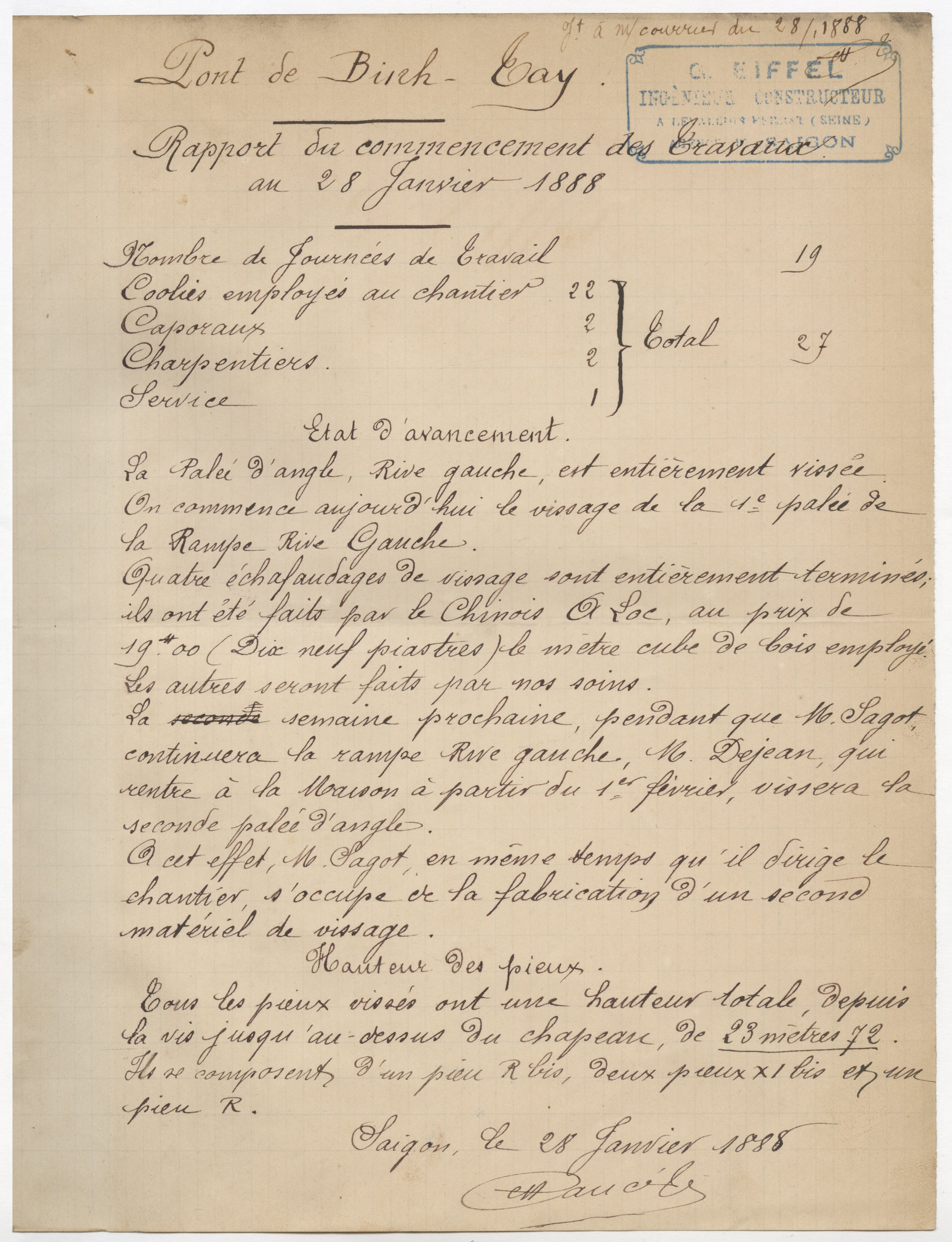 Extrait de la correspondance générale reçue de l'agence Eiffel à Saigon, 1888.