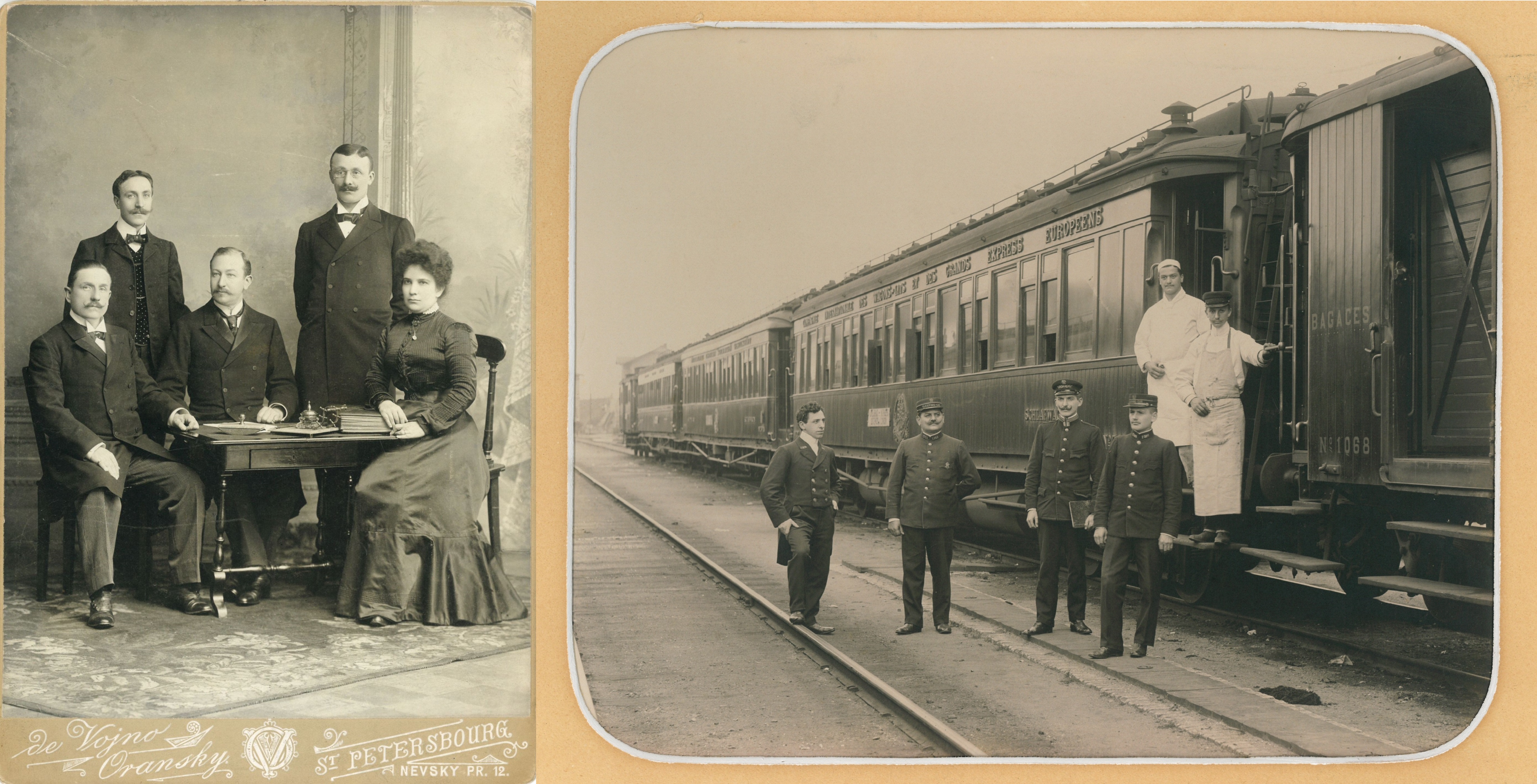 Équipe de la Division de Saint-Pétersbourg : photographie noir et blanc, cliché de Vojno Oransky photographe à Saint-Pétersbourg, avril 1902. Personnel embarqué : photographie noir et blanc, cliché Gustav Schlein, photographe à Fischern (Neust.) Hotel Central, 1890. ANMT, Compagnie internationale des wagons-lits et des grands express européens et du tourisme (CIWLT), 2022 9 1418 et 1419.