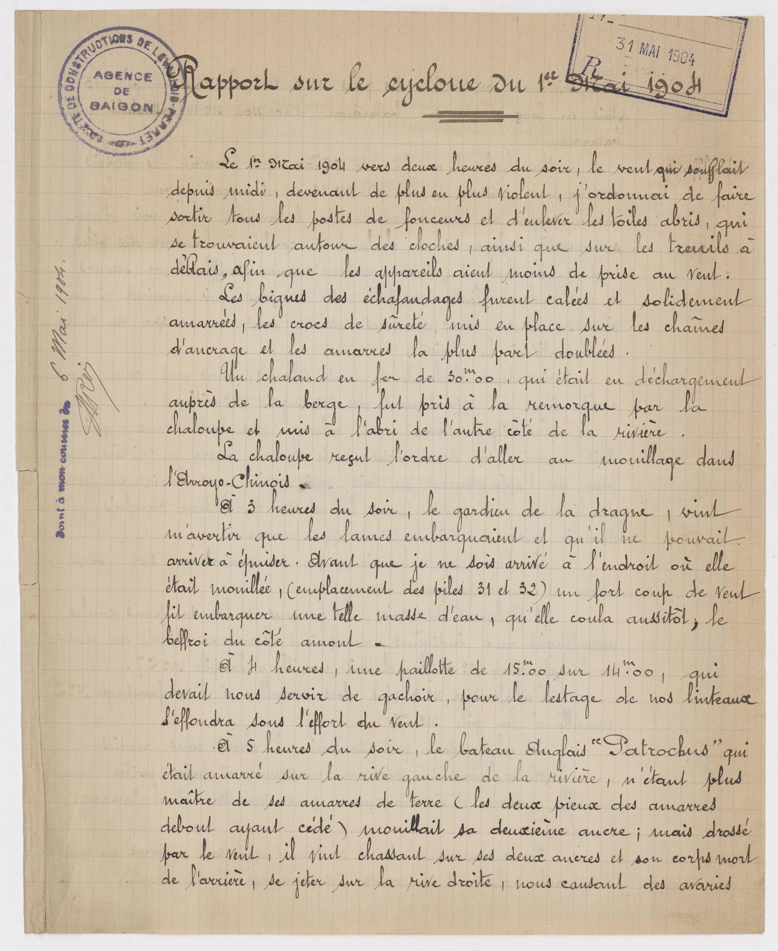 Rapport sur le cyclone du 1er mai 1904, page 1.