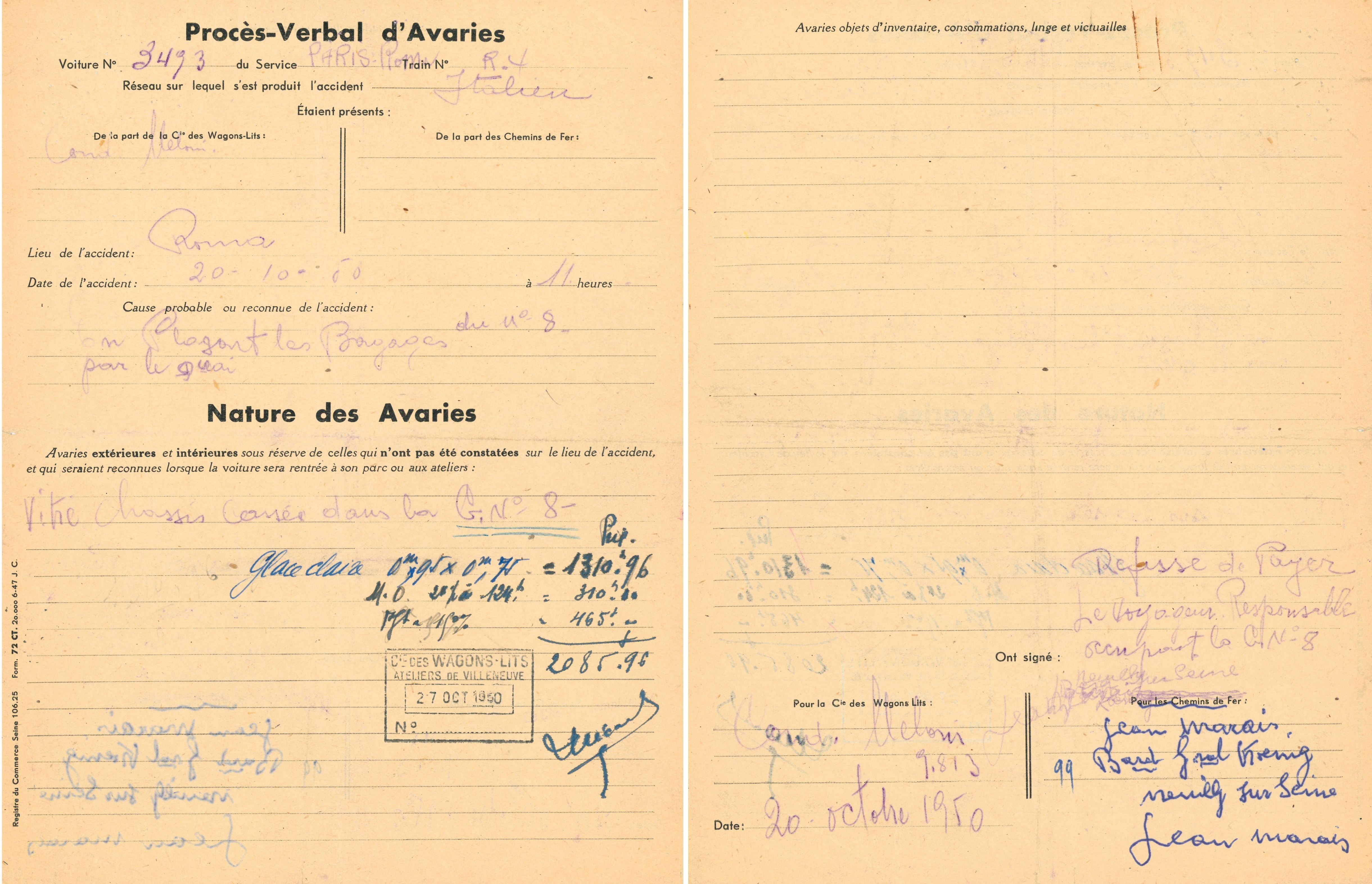 Bris de glace occasionné par l’acteur Jean Marais lors d’un trajet Paris-Rome : procès-verbal d’avaries, 20 octobre 1950.  ANMT, Compagnie internationale des wagons-lits et des grands express européens et du tourisme (CIWLT), 2022 9 2029.