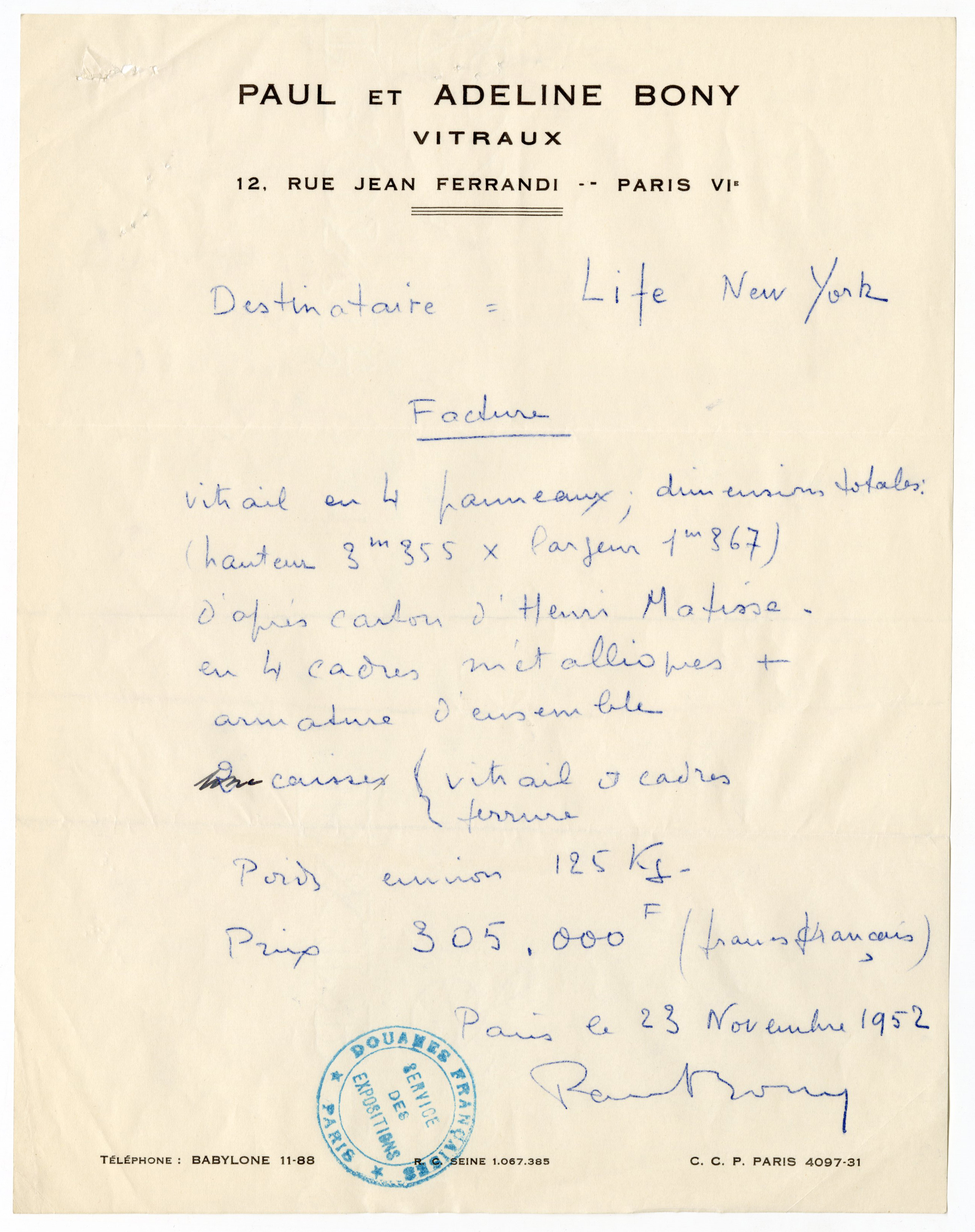 Réalisation du vitrail "La nuit de Noël": facture, 1952.