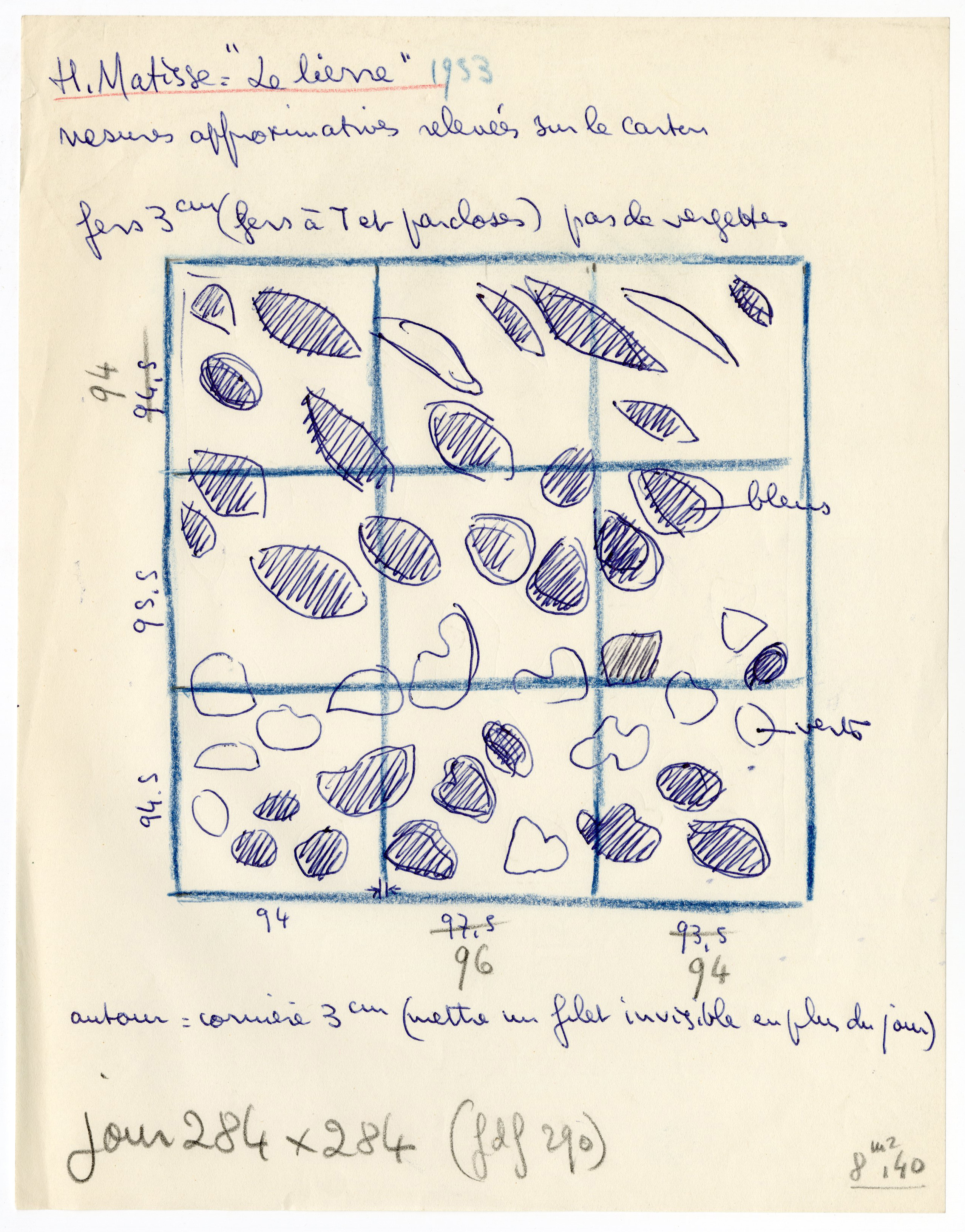 Esquisse dessinée de Bony pour la réalisation du vitrail "Le lierre en fleurs", 1953.