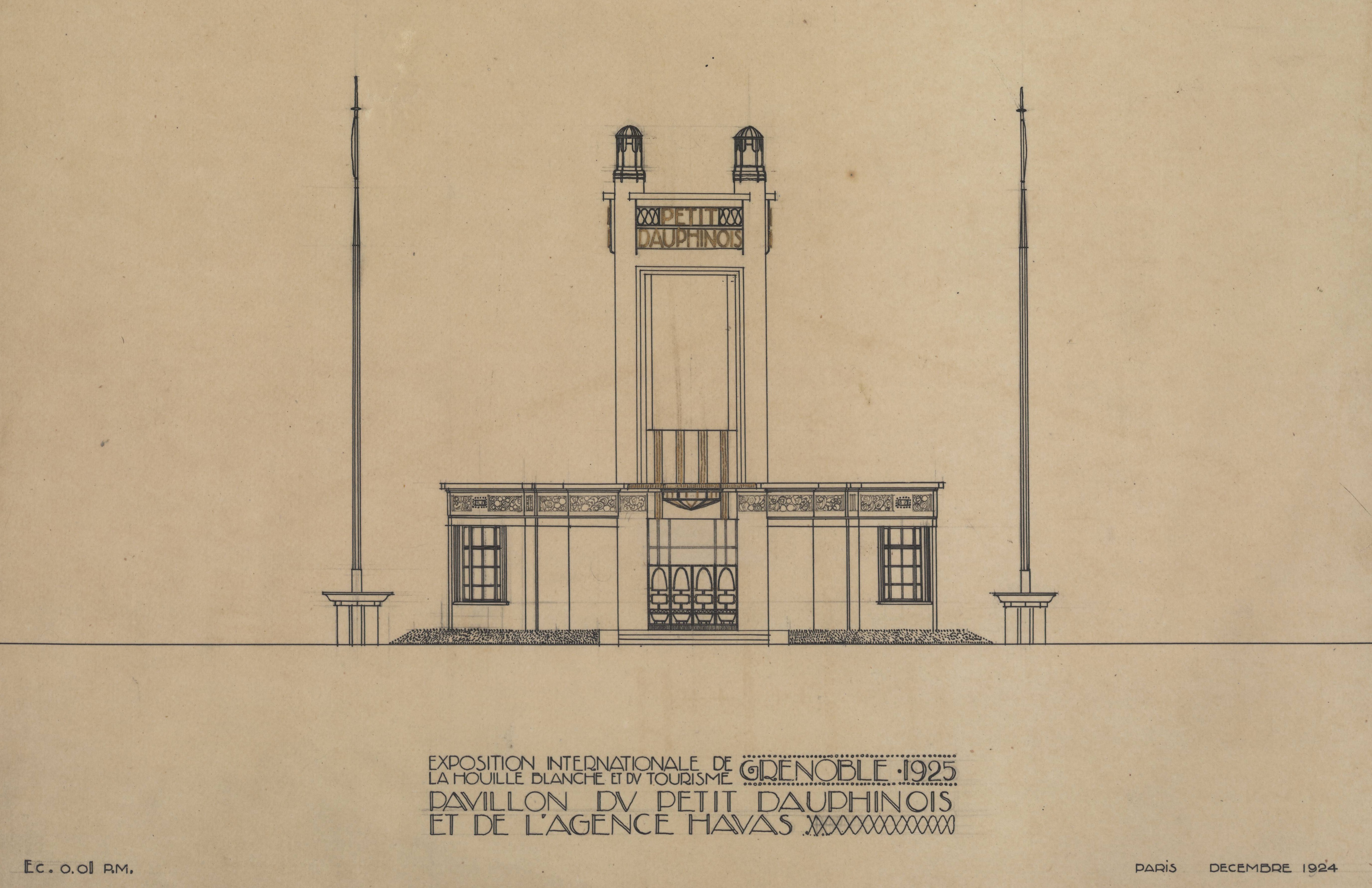 Projet de pavillon du journal Le Petit Dauphinois et de l’agence Havas réalisé par Léon Jaussely pour l’exposition internationale de la houille blanche et du tourisme qui eut lieu à Grenoble en 1925. Dessin au crayon à papier et à l’encre sur papier cartonné, décembre 1924. ANMT 1997 25 402.