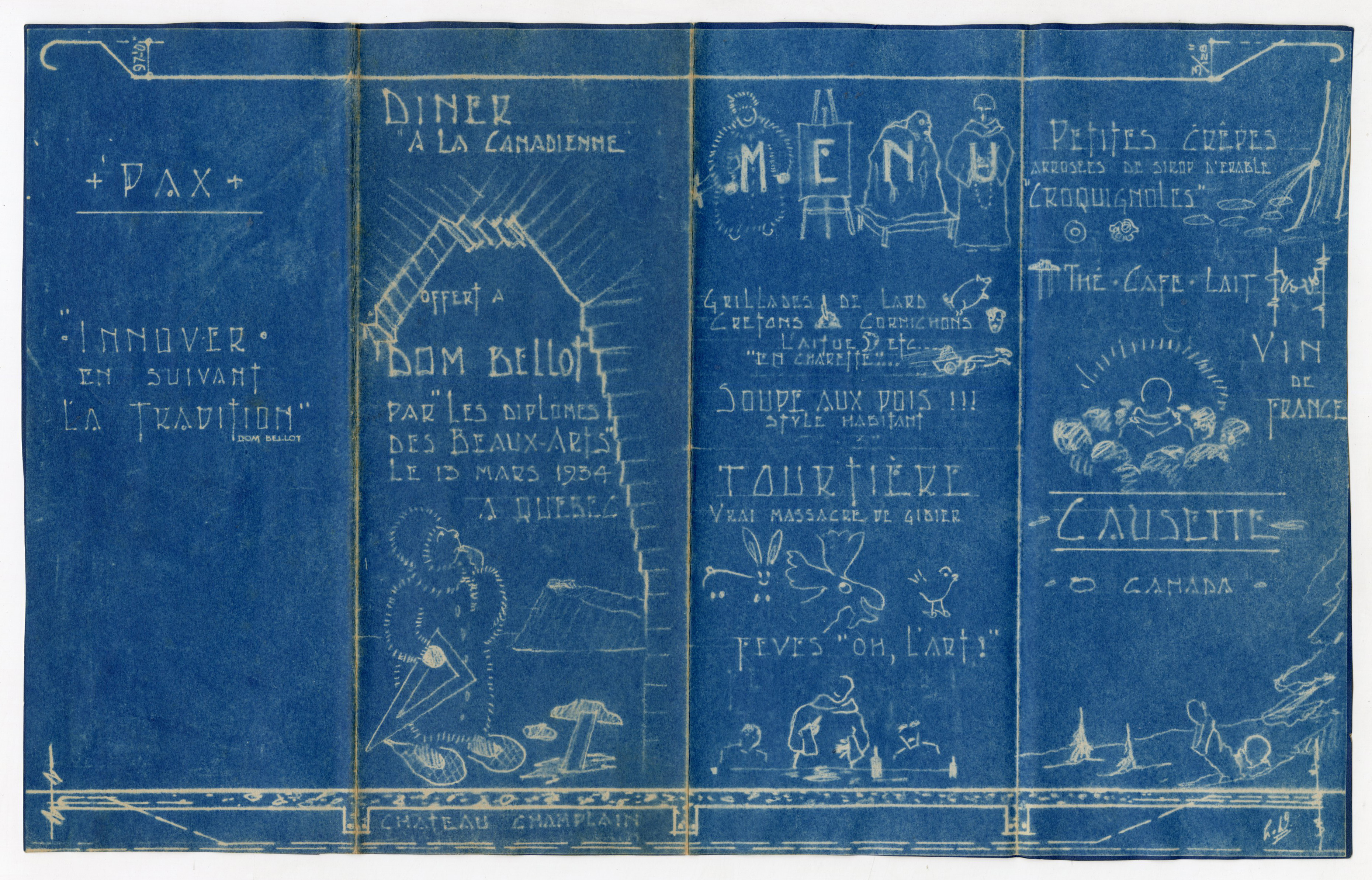 « Dîner à la canadienne offert à dom Bellot par « les diplômés des Beaux-Arts » le 13 mars 1934 à Québec. Dessin et texte manuscrit reproduit par diazographie, 1934. ANMT 2003 6 21. Fonds dom Bellot, moine architecte (non classé).