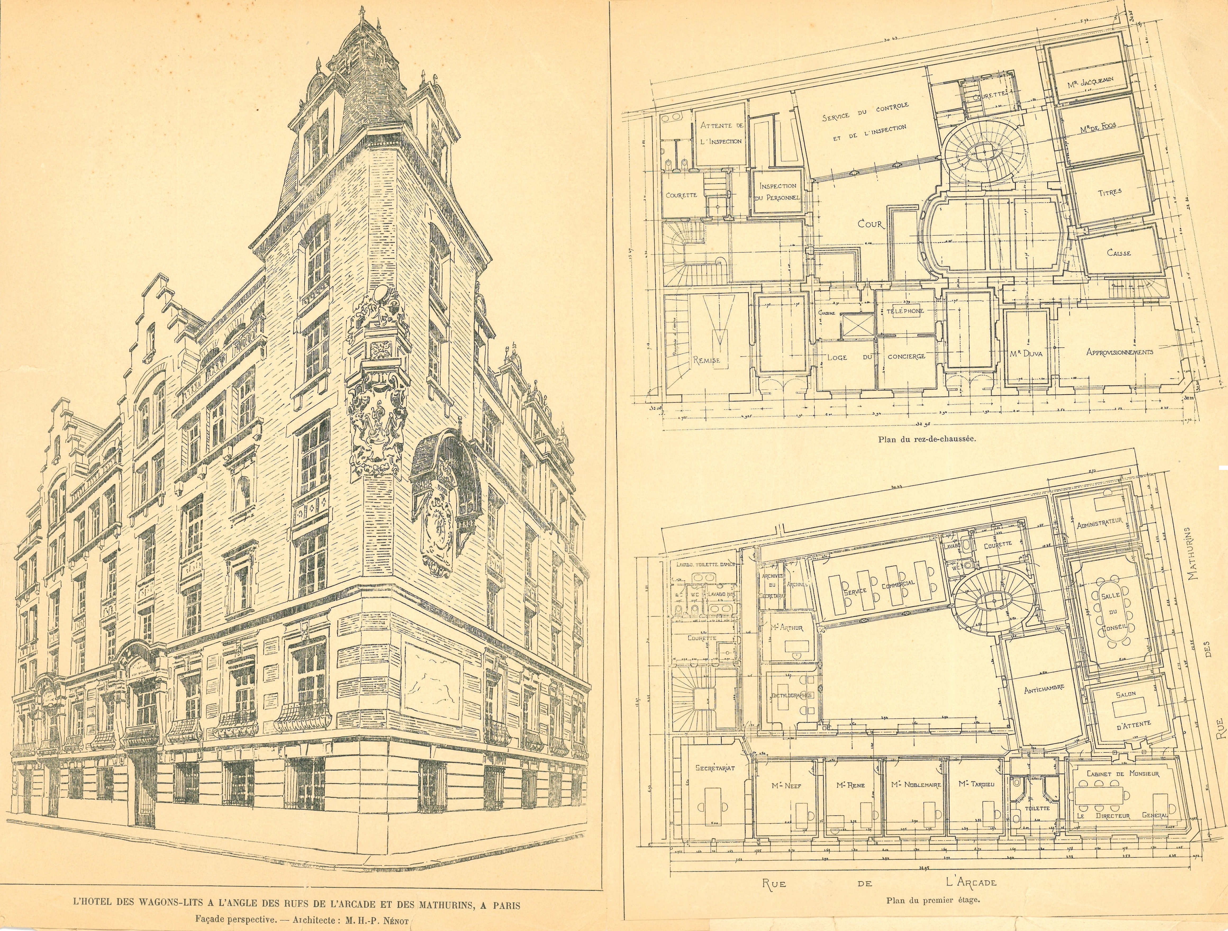 Façade du siège parisien de la Direction générale : gravure imprimée, sans date.  ANMT, Compagnie internationale des wagons-lits et des grands express européens et du tourisme (CIWLT), 2022 9 2026.
