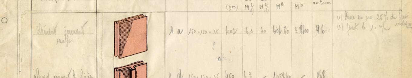 Détail d'un brouillon du catalogue de vente dédiée aux éléments Clocéram de Géo Martel, mai 1959.