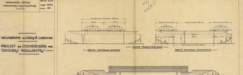 Détail d'un projet de couverture par toitures roulantes pour un vélodrome (1932)