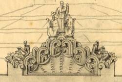 Détail du projet de façade pour le musée des colonies, réalisé par Léon Jaussely à l’occasion de l’exposition coloniale de 1931. Dessin au crayon à papier sur calque, sans date.  On retrouve sur ce croquis une végétation stylisée tout à fait caractéristique des compositions Art déco.  ANMT 1997 25 471