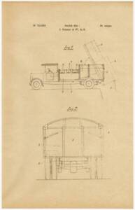Croquis du brevet déposé par Ochsner pour un chariot pour ramasser les ordures ménagères avec des caisses sur châssis disposant de clapets de fond pour l’évacuation, 1931
