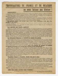 Tract syndical franco-belge (ici la partie en langue française), sur le non-renouvellement des cartes de frontaliers, années 1930.