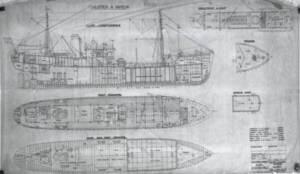 Plan du chalutier frigorifique « Notre Dame de Boulogne » lancé à Boulogne-sur-Mer (Pas-de-Calais), 1947.