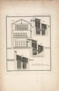 Plan général de la fabrique avec la salle des moulins, coupe de la salle des moulins, 1776.