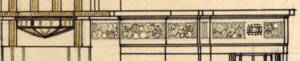 Détail du projet de pavillon du journal Le Petit Dauphinois et de l’agence Havas réalisé par Léon Jaussely pour l’exposition internationale de la houille blanche et du tourisme qui eut lieu à Grenoble en 1925. Dessin au crayon à papier et à l’encre sur papier cartonné, décembre 1924. ANMT 1997 25 402 (détail).