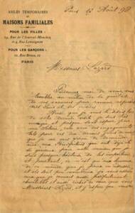 Lettres envoy&eacute; par Madame Fromentin &agrave; Max Lazard le 17 ao&ucirc;t 1898 o&ugrave; elle fait part de sa difficult&eacute; &agrave; trouver des fonds pour son asile de jeunes filles.