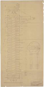 Plan d’une tour de diffusion dessiné par l’Institut de génie mécanique de Brunswick (Basse-Saxe, Allemagne), 1955.