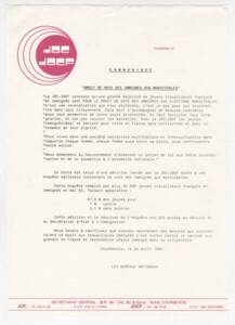 Communiqué « droit de vote des immigrés aux municipales » émis par le siège national de la JOC/JOCF. Document imprimé, 1985. ANMT 2003 3 99. Fonds des organisations syndicales JOC (Jeunesse ouvrière chrétienne) et JOCF (Jeunesse ouvrière chrétienne féminine) de Roubaix-Tourcoing.