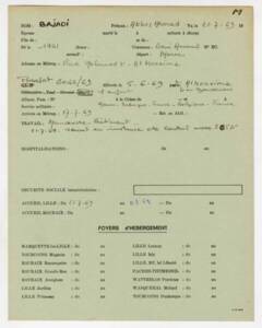 Fiche de suivi nominative d’un migrant. Document imprimé complété à la main, 1969. ANMT 1994 38 4. Fonds de l’association d’aide aux travailleurs migrants de la région lilloise (ADATERéLi).