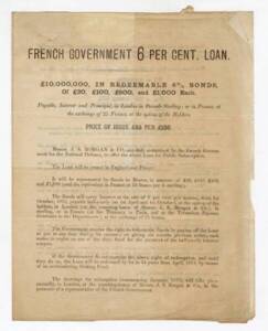 Emprunt de défense nationale de 6 % émis à Londres pour 10 millions de livres auprès de J.S. Morgan & Co, au profit du Gouvernement de la défense nationale, 1870.