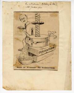 Caricature de Désiré Ley dans le journal La Bataille « Sous le pressoir du consortium », 1920.