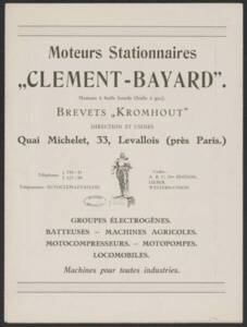 Dépliant publicitaire des moteurs stationnaires « Clément-Bayard, brevets Kromhout » (page 1), 1912