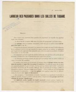 Argumentaire d’une enquête sur la largeur des voies de circulation dans les salles de tissages, 1912.