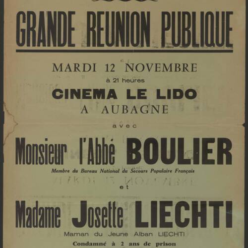 Réunion pour la libération d'Alban Liechti : affiche, 1956. ANMT 1998 20 410, Secours populaire français