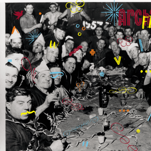 Visuel par Mario Cochat. Image d'archives : ANMT 2004 20 5, Noëlle Gérôme. Fête de la Saint-Éloi aux forges de l’usine Renault-Billancourt, années 1960. André Pelle/Musée national des arts et traditions populaires et auteur inconnu.