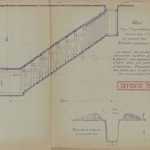 Plan d’aménagement d’un abri anti-aérien sous une ancienne machine d’extraction minière, Noeux-les-Mines (Pas-de-Calais), octobre 1938.