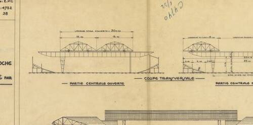 Détail d'un projet de couverture par toitures roulantes pour un vélodrome (1932)