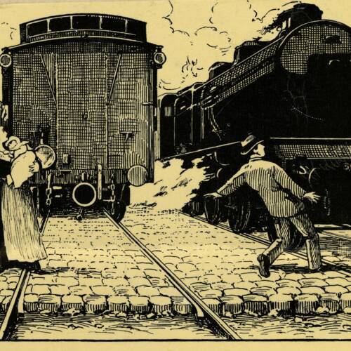 détail d'une affiche de prévention des accidents ferroviaires (1931)