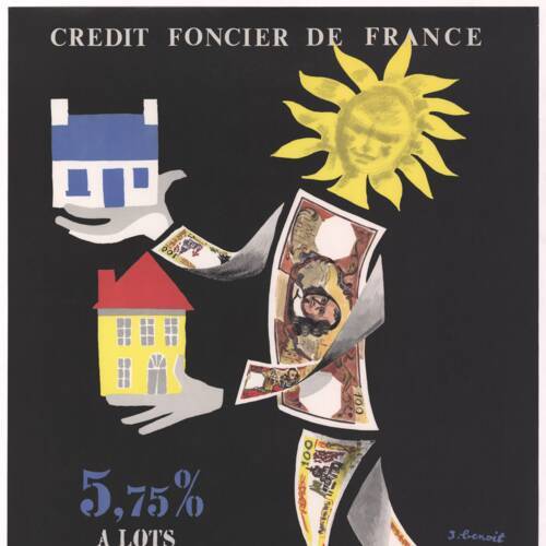 Affiche du Crédit foncier de France représentant un personnage avec une tête de soleil et un corps en billets de banque, jonglant avec deux maisons. ANMT, 2008 23 29, Crédit foncier de France