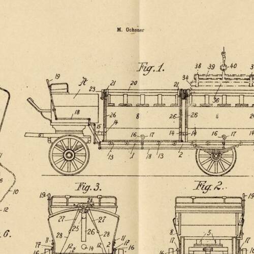 Détail d'un croquis de voiture pour recueillir et enlever des matières en vrac, 1924