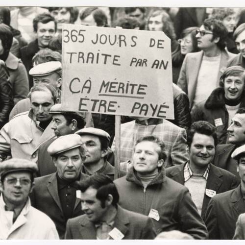 Agriculteurs brandissant une pancarte « 365 jours de traite par an, ça mérite être payé » lors d’une manifestation : photographie, sans lieu ni date.