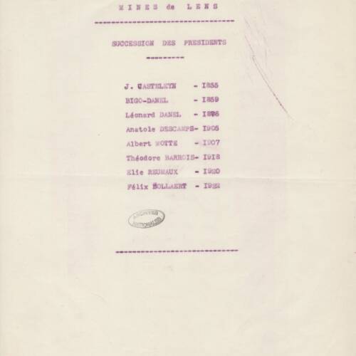 Listes des membres du conseil d'administration et des présidents depuis la création de la société des mines de Lens, vers 1934 ANMT 1994 55 60, Société des mines de Lens