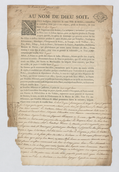 Contrat d'assurance de Robert Dugard auprès de négociants de la ville de Rouen, 26 janvier 1750.