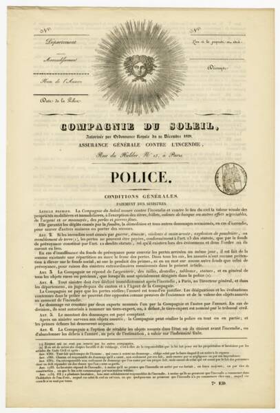 1ère page d'une police d'assurance de la compagnie du soleil