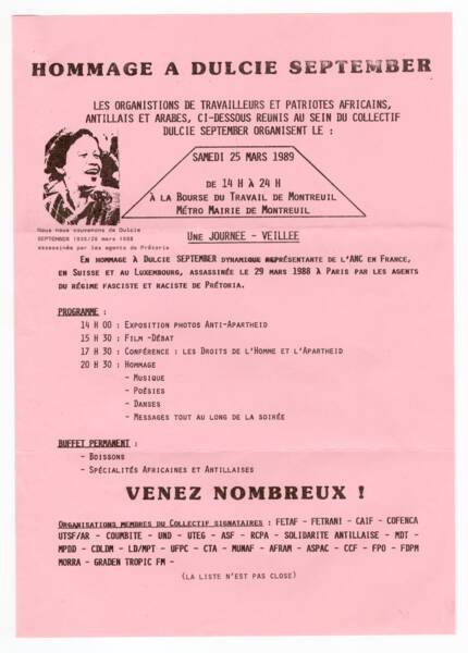 Affiche pour l’hommage à Dulcie September organisé par le collectif éponyme, le 25 mars 1989.