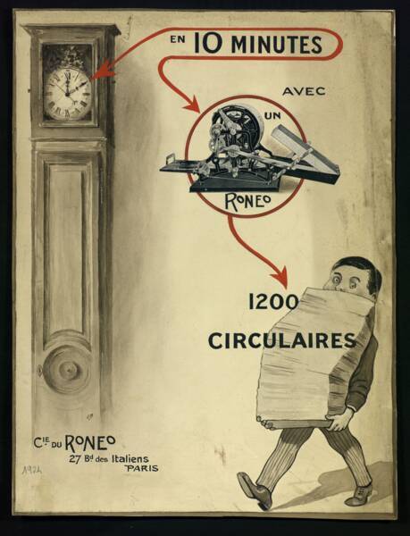 Maquette de publicité, 1924. ANMT 2002 6 58, Ronéo (fabricant de duplicateurs, de matériels et mobilier bureau).