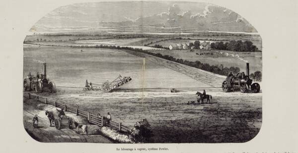 Scène de vie agricole symbolisant la transition d’une agriculture « traditionnelle » vers une agriculture industrialisée : illustration publiée dans Établissements Decauville aîné à Petit-Bourg, 1879.