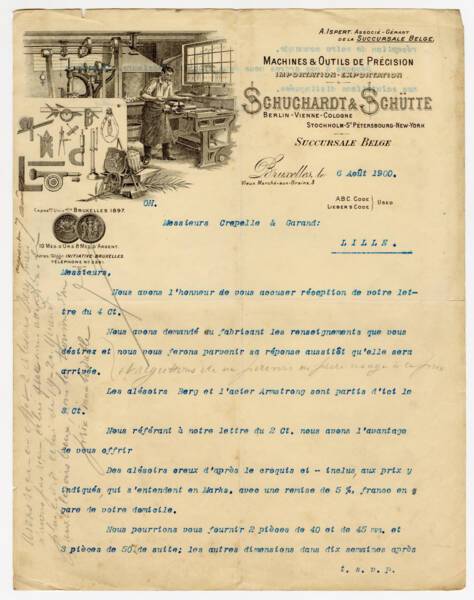 Lettre de réponse tapée à la machine : papier à lettre de la société Schurchardt & Schütte, 1900. ANMT 1989 3 14, fonds Crépelle.