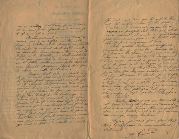 Lettres envoy&eacute; par Madame Fromentin &agrave; Max Lazard le 17 ao&ucirc;t 1898 o&ugrave; elle fait part de sa difficult&eacute; &agrave; trouver des fonds pour son asile de jeunes filles.