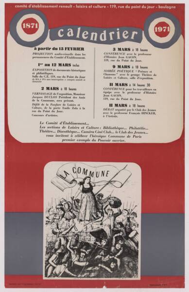 Affiche présentant le calendrier de la programmation autour de l’exposition sur le centenaire de la Commune de Paris, 1971.