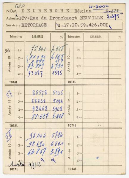 Relevé trimestriel des salaires d’une retordeuse de la société Charles Tiberghien et Fils (Tourcoing, Nord), 1956-1958.