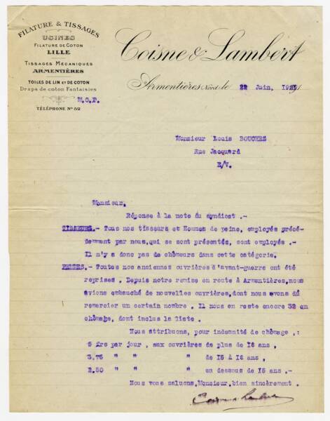 Courrier sur la situation de l'emploi dans la filature au sortir de la Première guerre mondiale, 1921.