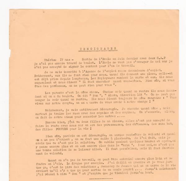 T&eacute;moignage de Th&eacute;r&egrave;se, 17 ans, [ann&eacute;es 1970].