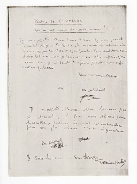 P&eacute;tition de jeunes ch&ocirc;meurs pour d&eacute;noncer et changer leur situation, [ann&eacute;es 1970].