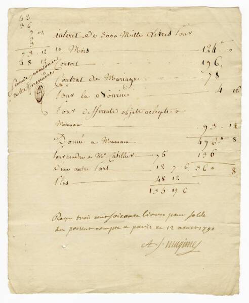 Note manuscrite de compte d’Elisabeth Pochard signée par son père Augustin Simon Magimel, 12 août 1790